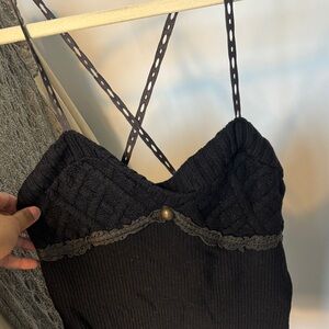 Vintage Chic Black knit Lace-Trimmed Women's Chemise